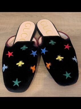 Gucci Black Velvet Slip-Ons with Multicolor Bee & Star Embroidery